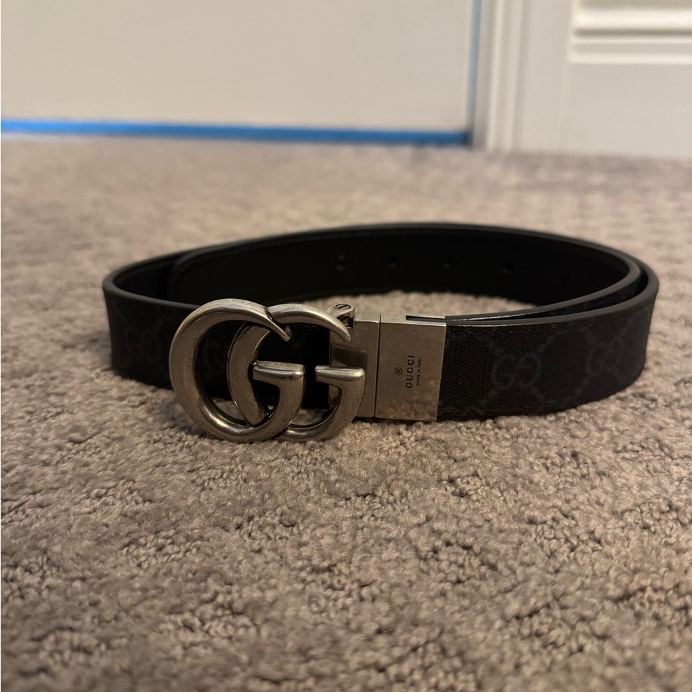 Gucci Black Monogram Belt with Silver Buckle